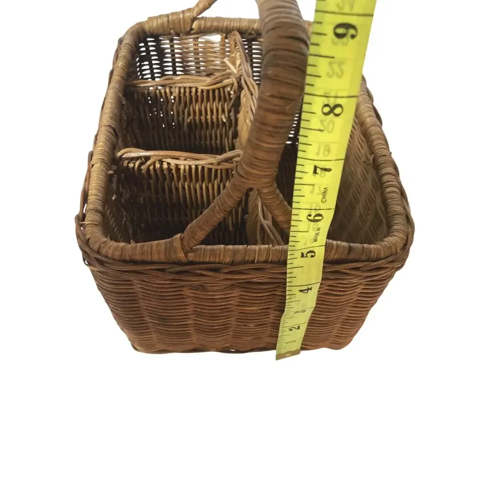 Vintage Rattan & Wicker Divided Utensil Caddy Storage Basket Country Cottage